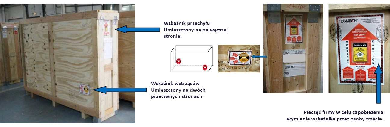 Drewniana skrzynia transportowa z naklejką wskaźnika przechyłu i pieczęcią zabezpieczającą przed manipulacją.